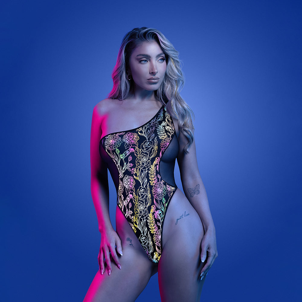 Fantasy Lingerie Glow Luminescent Floral Print One-Shoulder Teddy L/XL-1